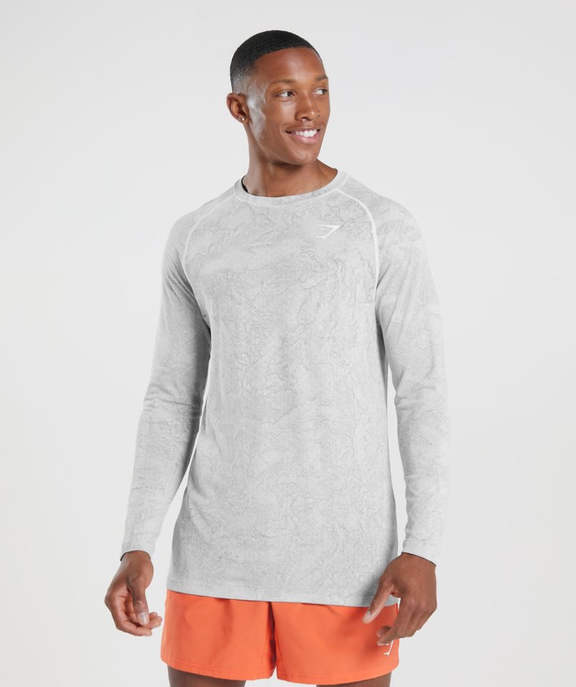 Men\'s Gymshark Geo Seamless Long Sleeve T-Shirts Light Grey | NZ 5CBPWX